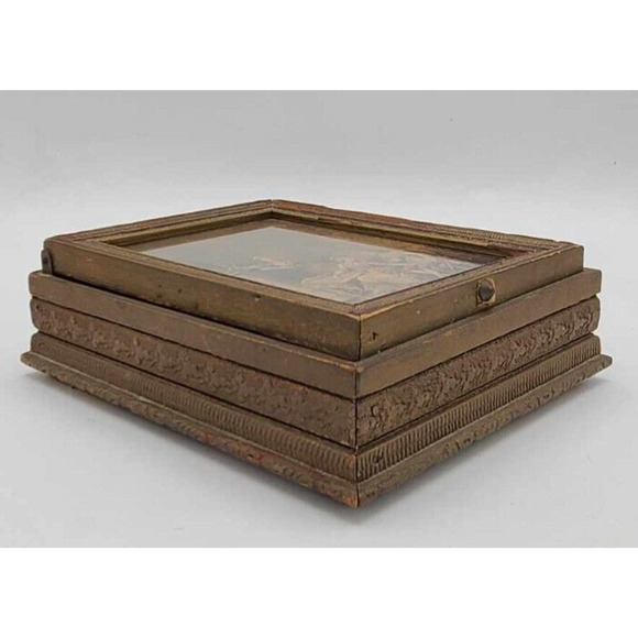 Antique 1920s Hand Carved Wood Jewelry Box French Victorian Print. Velvet Lining - Picture 7 of 16